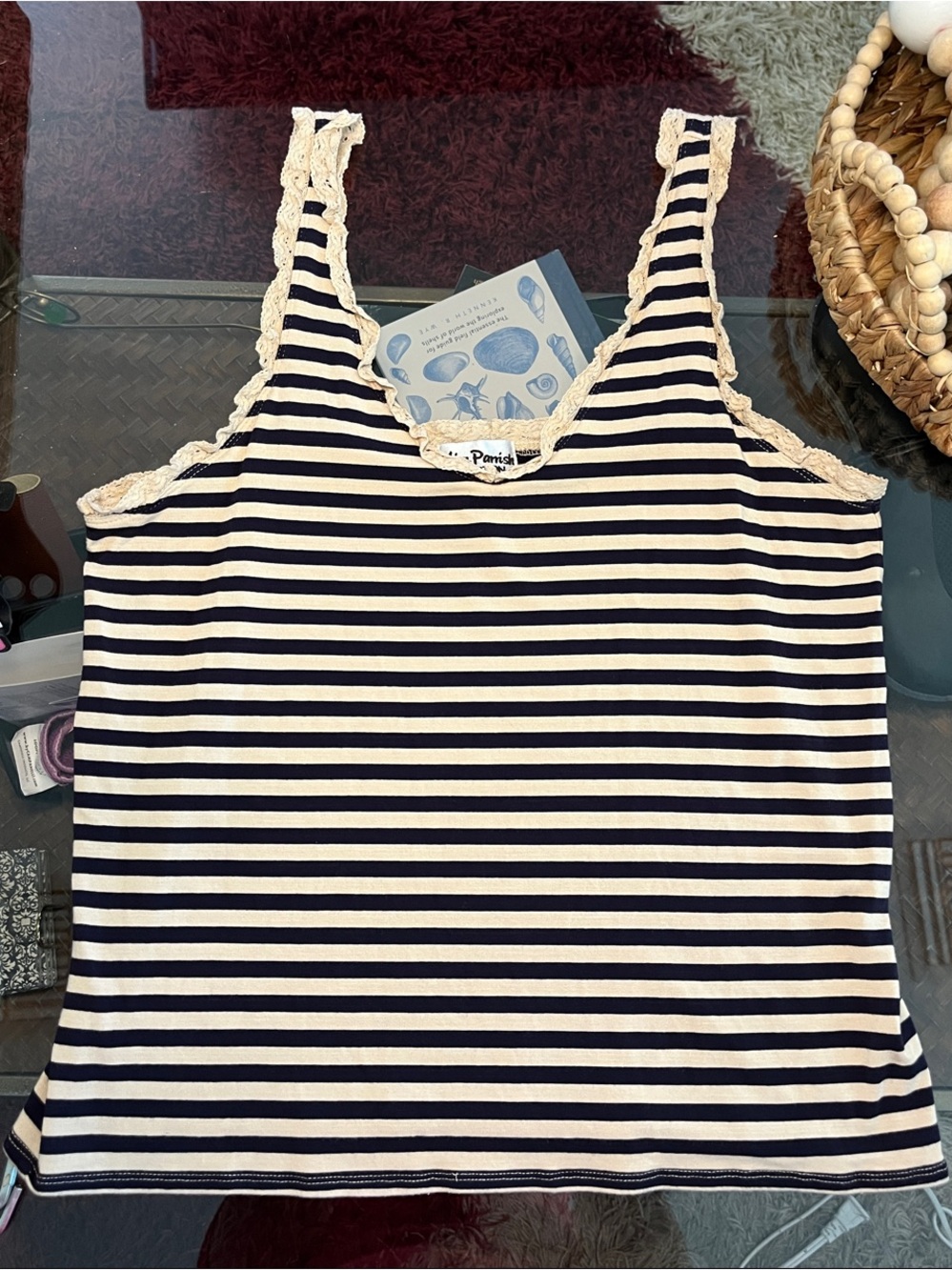 Navy & Tan Striped Tank Top with Lace Trim